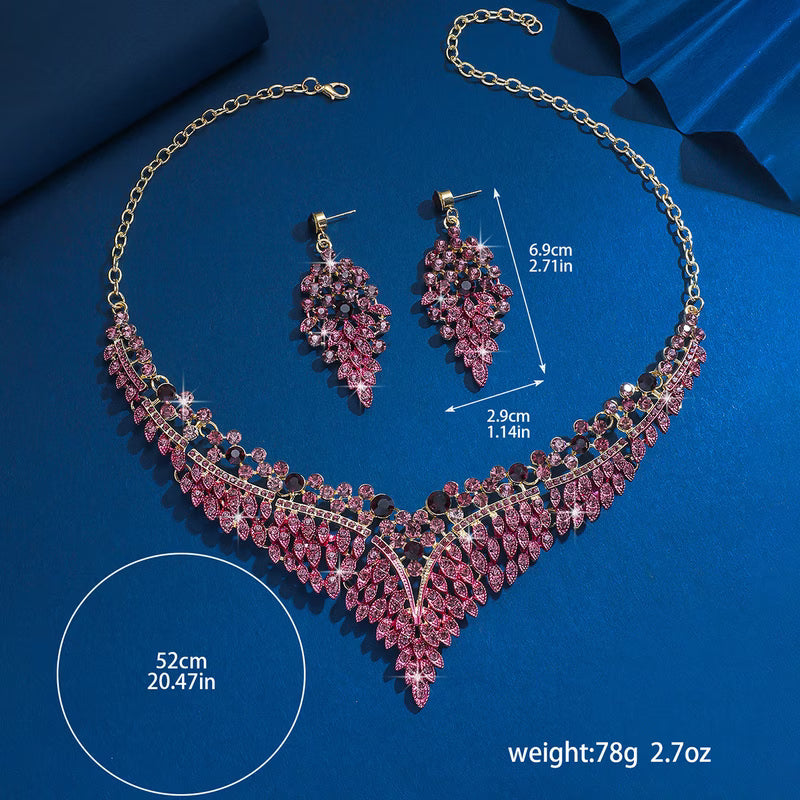 Fuchsia Rhinestone Luxurious V-Shape Statement Jewelry Set