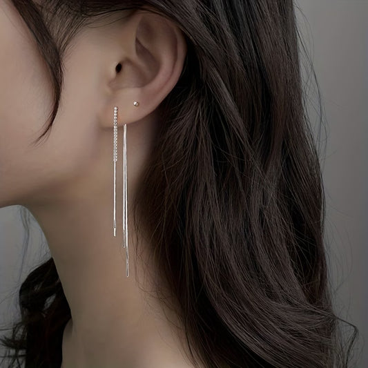 Silver-Plated Rhinestone Tassel Threader Earrings