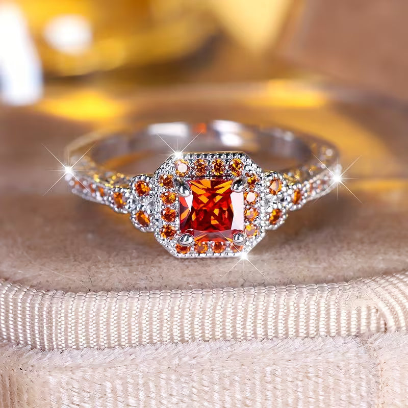 Silvery Color Princess Cut Red Stone Ring