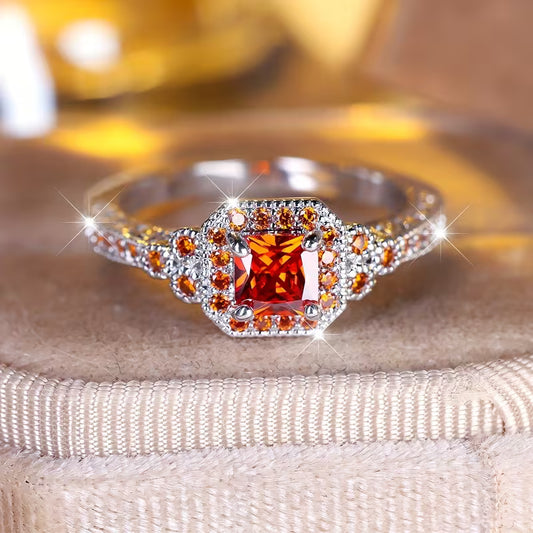 Silvery Color Princess Cut Red Stone Ring