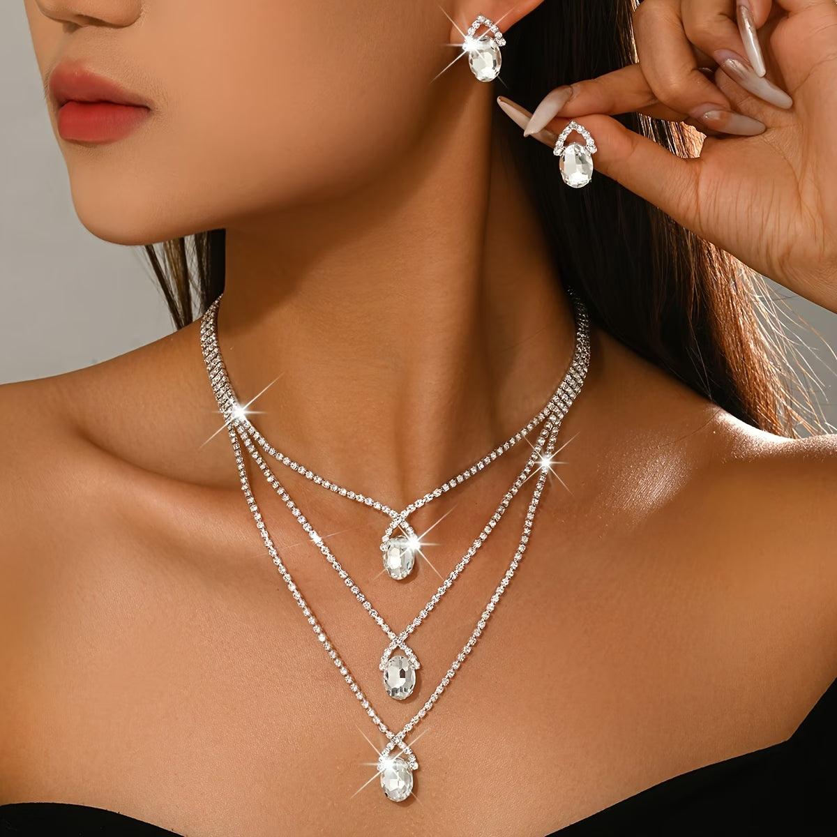 Elegant 3-Tier Blue Gemstone Necklace and Rhinestone Earring Set