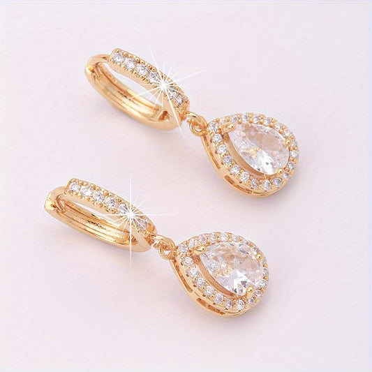 Gold-Plated Copper Square Cubic Zirconia Drop Earrings