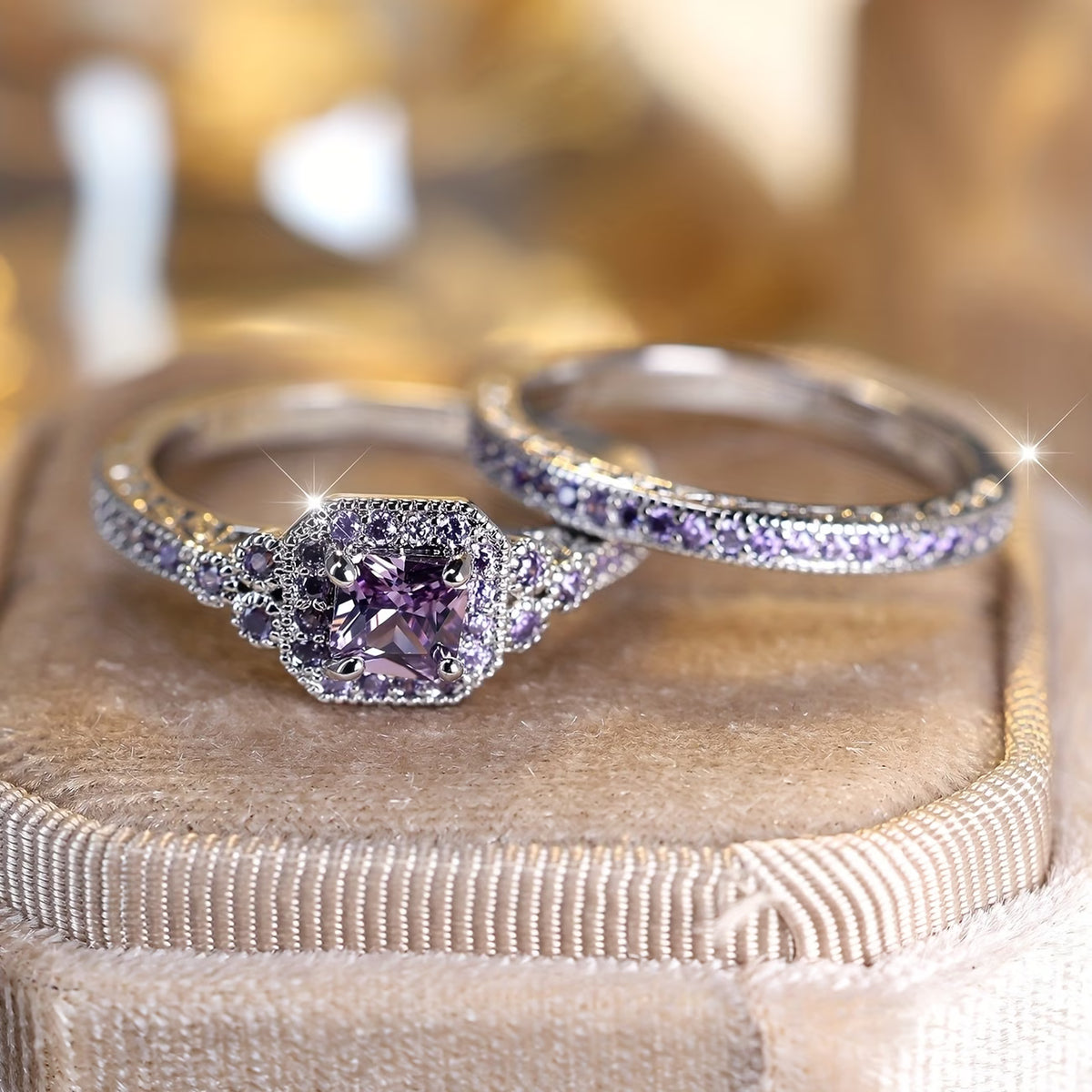 2pcs Elegant White Plated Purple Diamond Ring