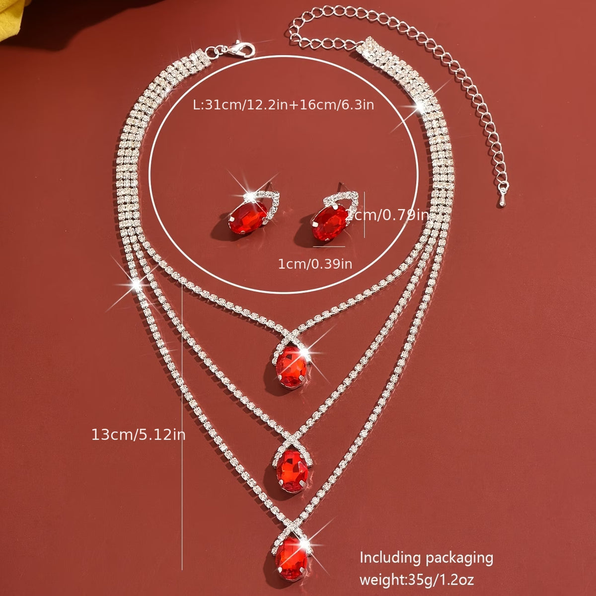 Elegant 3-Tier Blue Gemstone Necklace and Rhinestone Earring Set