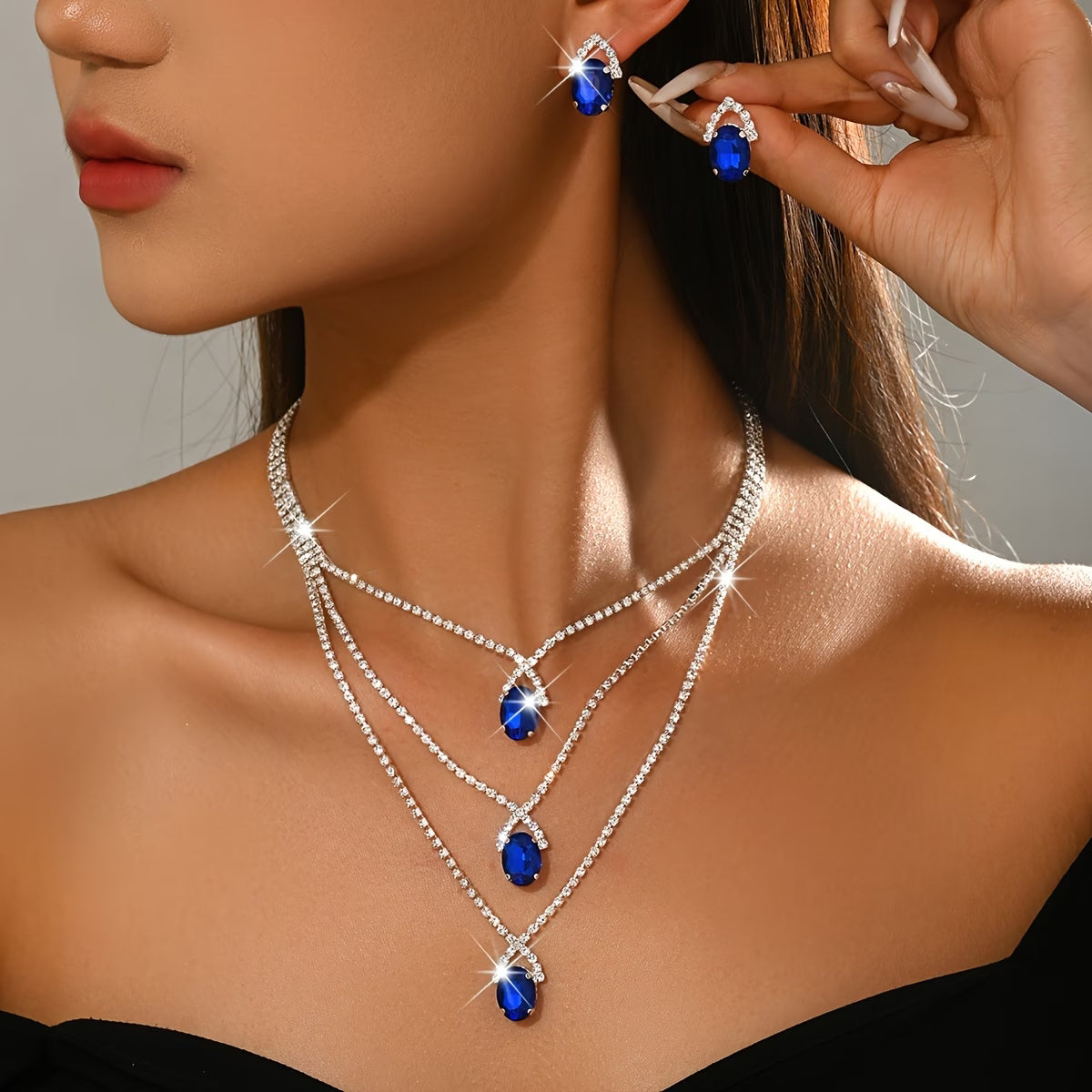 Elegant 3-Tier Blue Gemstone Necklace and Rhinestone Earring Set