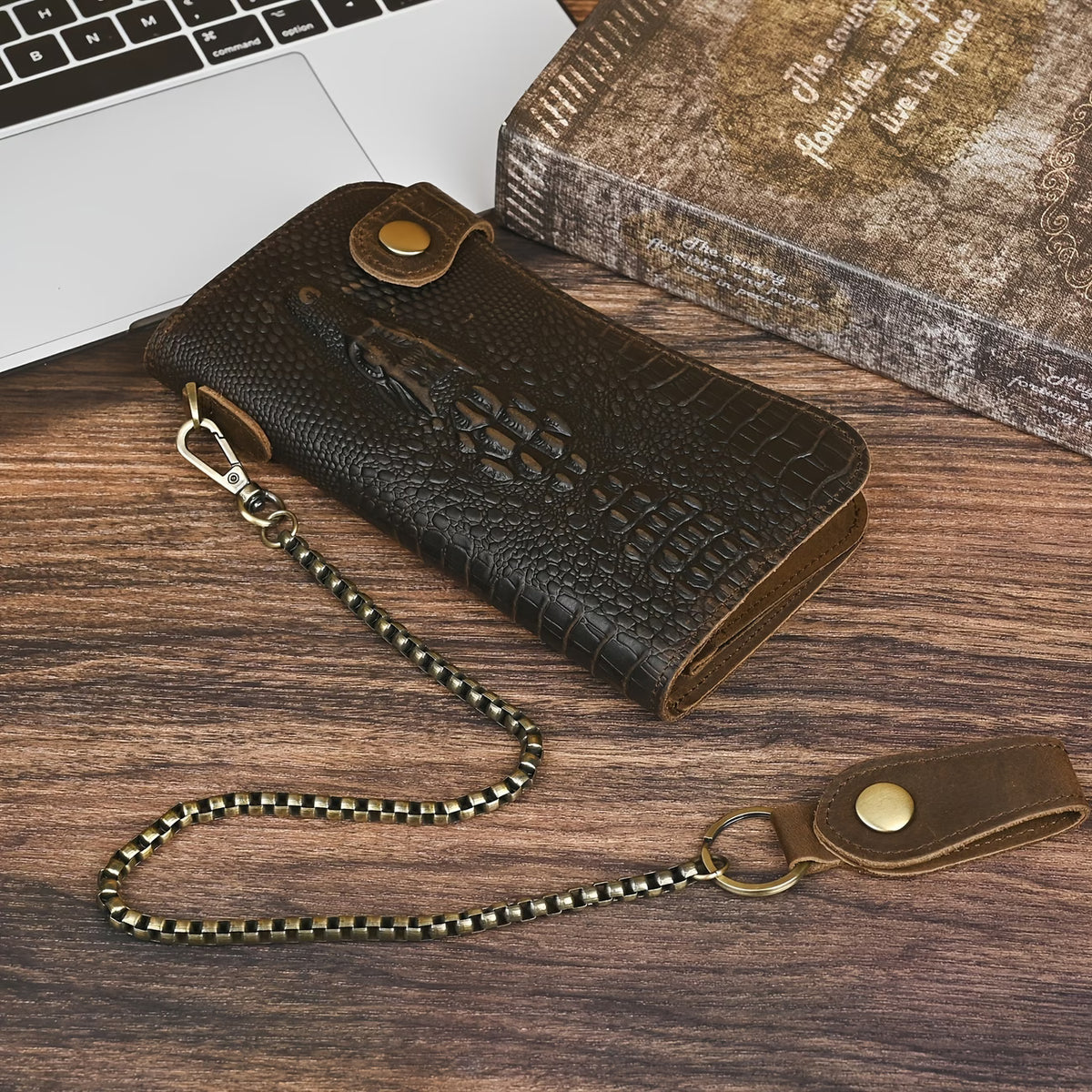 Men’s Genuine Leather Crocodile Pattern Long Wallet with Chain