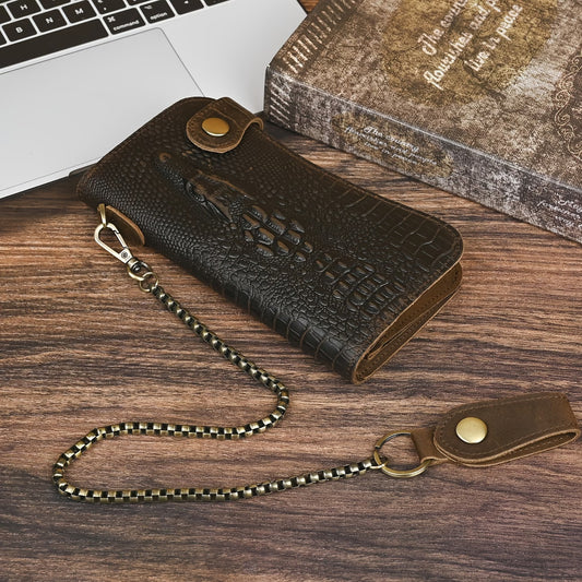 Men’s Genuine Leather Crocodile Pattern Long Wallet with Chain