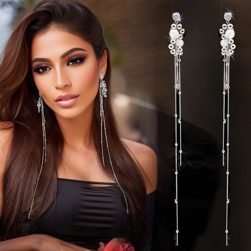 Stylish & Elegant Extra Long Tassel Crystal Earrings