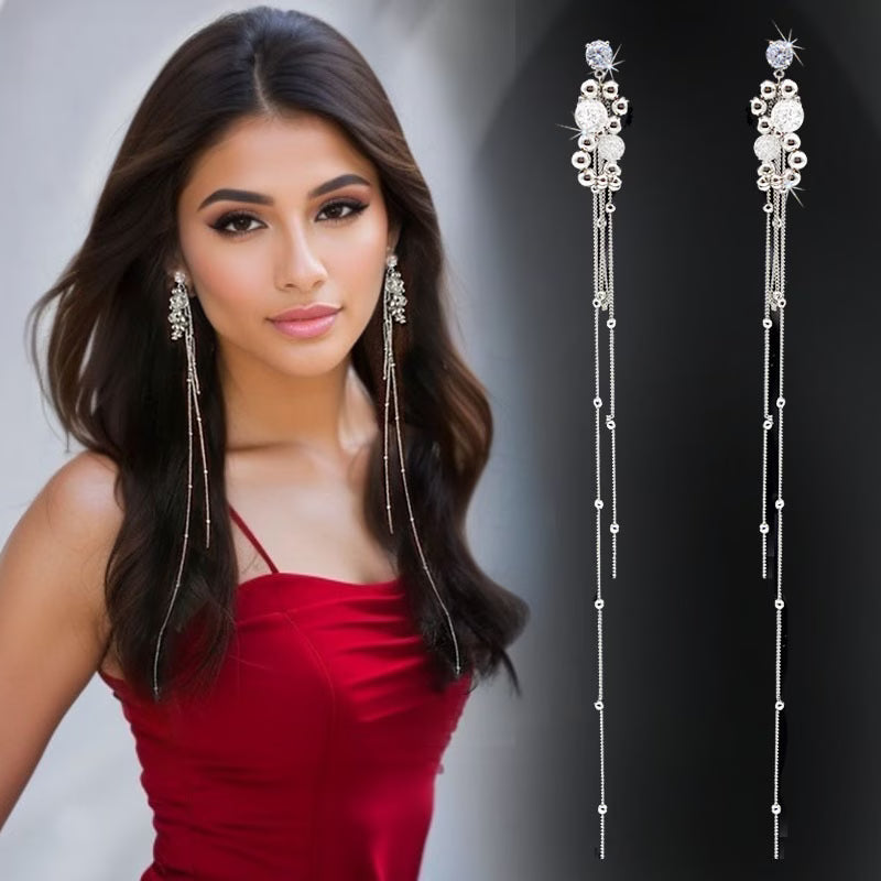 Stylish & Elegant Extra Long Tassel Crystal Earrings