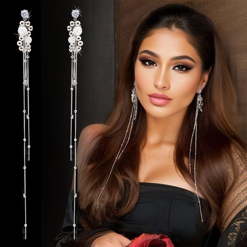Stylish & Elegant Extra Long Tassel Crystal Earrings