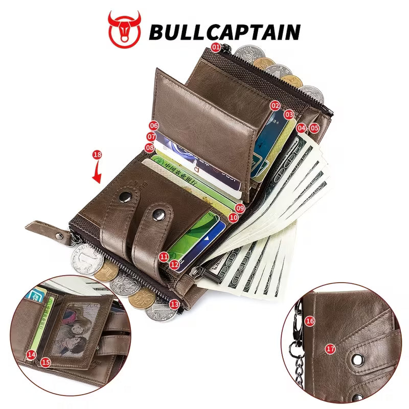 BullCaptain Men’s Genuine Leather Multi-Card Wallet – Large Capacity
