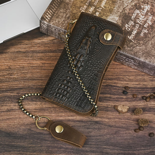Men’s Genuine Leather Crocodile Pattern Long Wallet with Chain