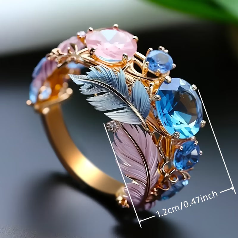 Luxurious Inlay Sea Blue Zirconia Feather Ring