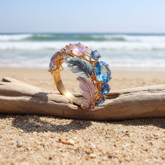 Luxurious Inlay Sea Blue Zirconia Feather Ring