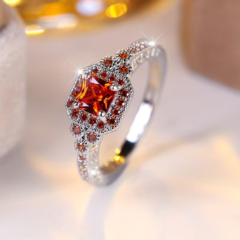 Silvery Color Princess Cut Red Stone Ring