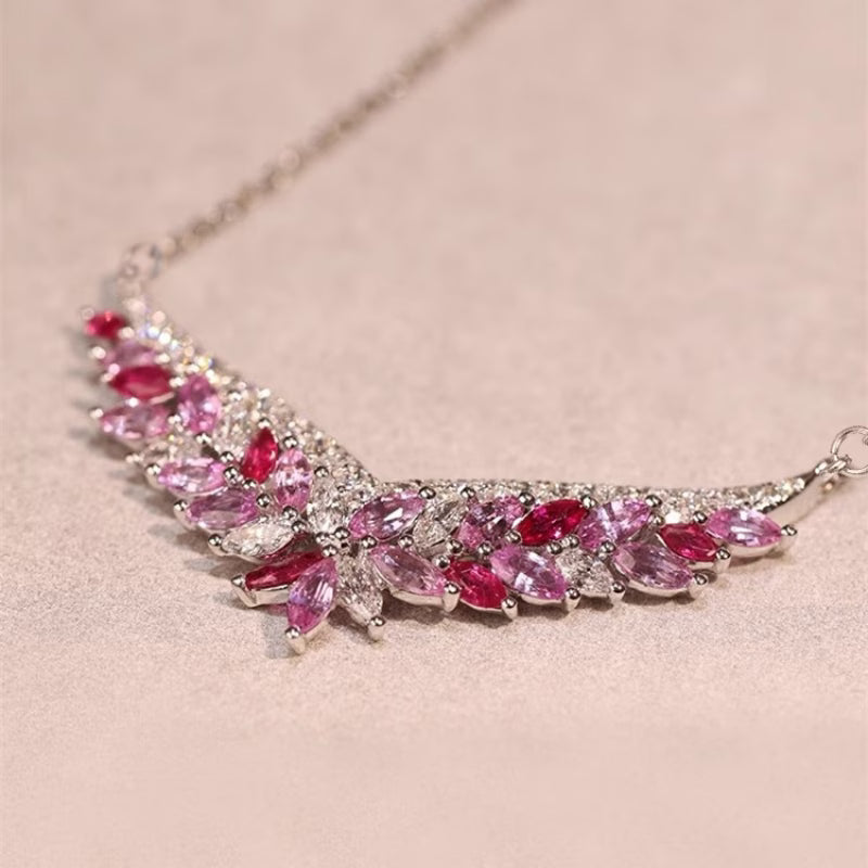 Luxury Pink Synthetic Zirconia Flower Necklace for Women