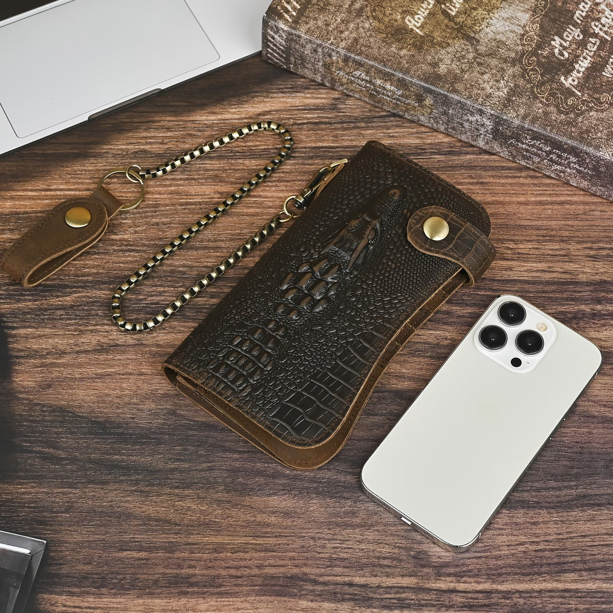 Men’s Genuine Leather Crocodile Pattern Long Wallet with Chain