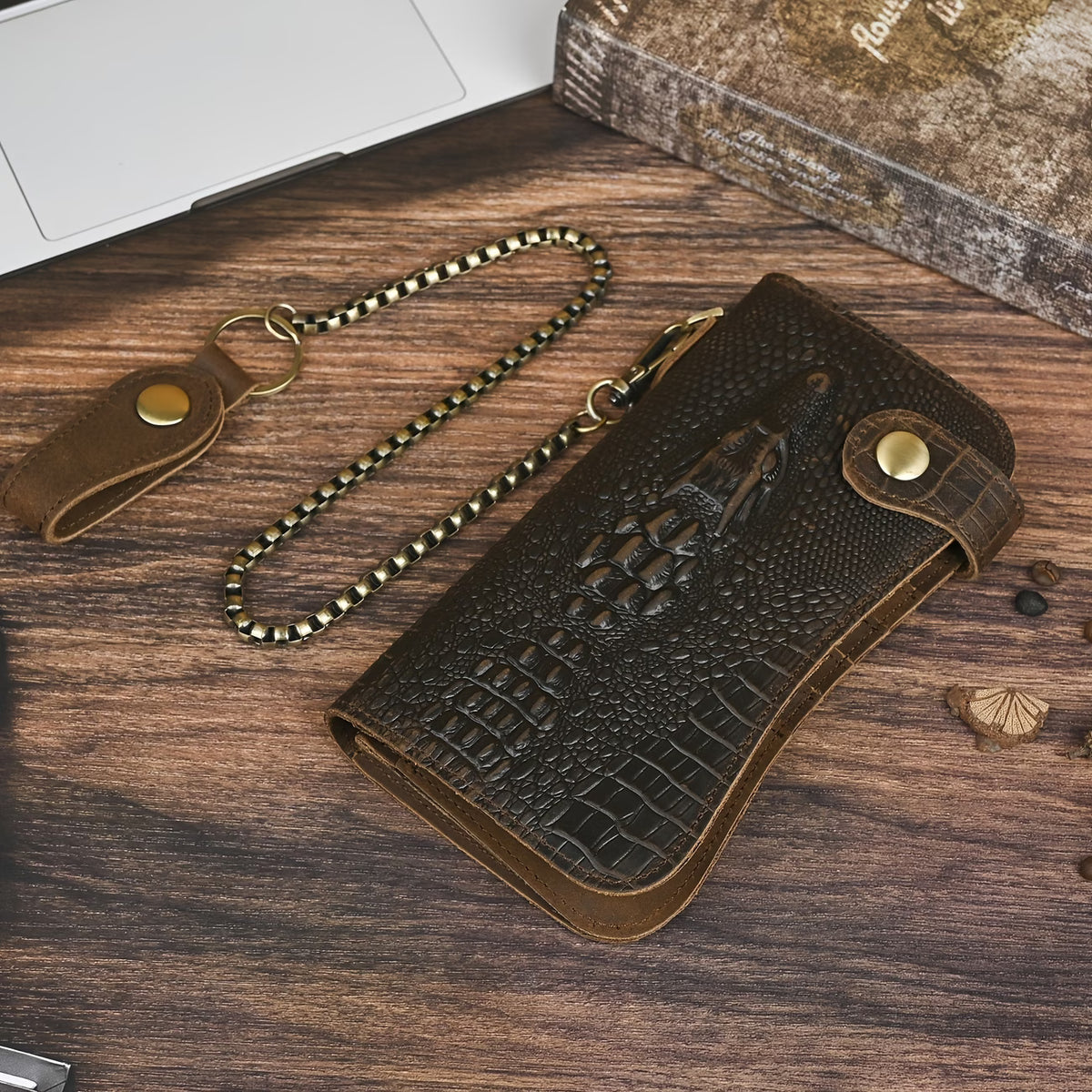 Men’s Genuine Leather Crocodile Pattern Long Wallet with Chain