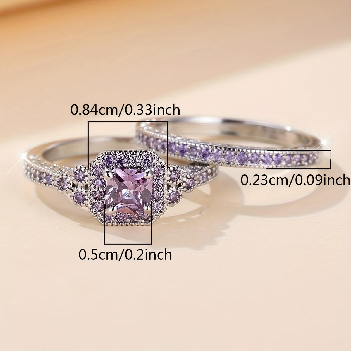 2pcs Elegant White Plated Purple Diamond Ring