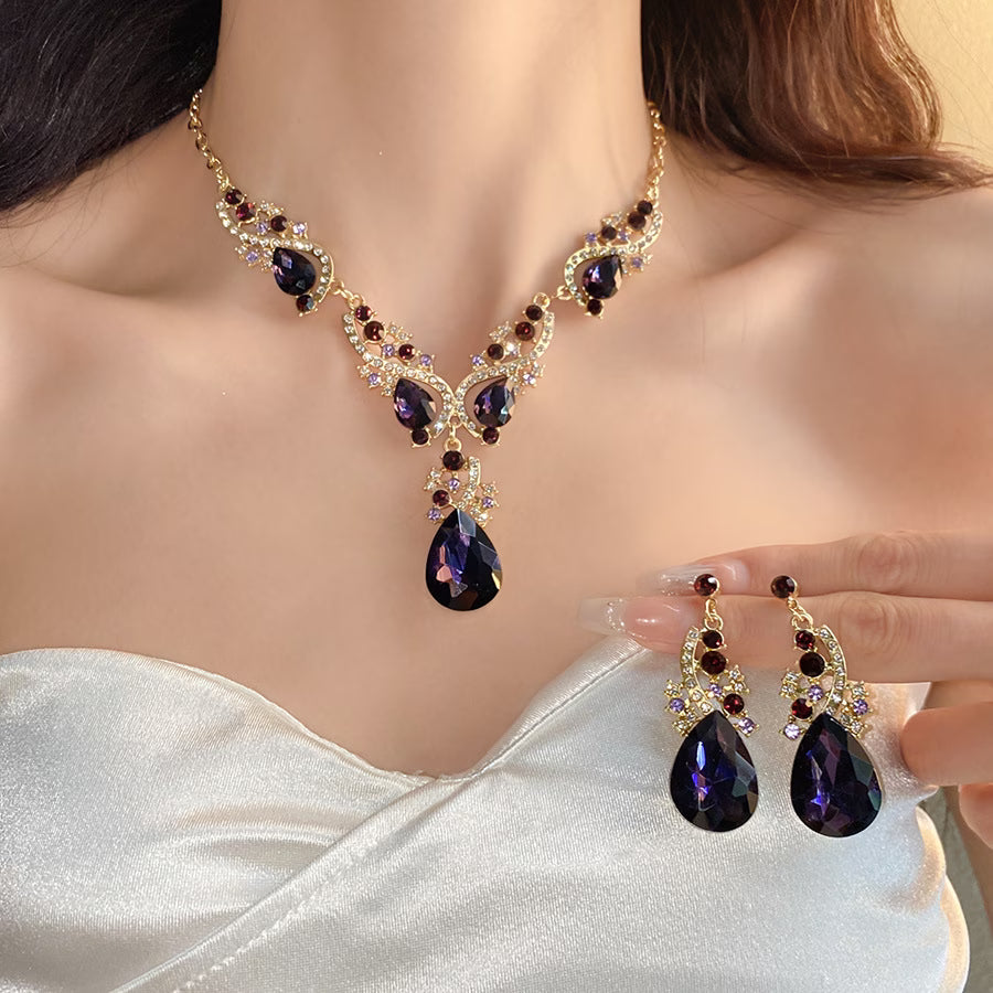 Imperial Purple Teardrop Rhinestone Jewelry Set