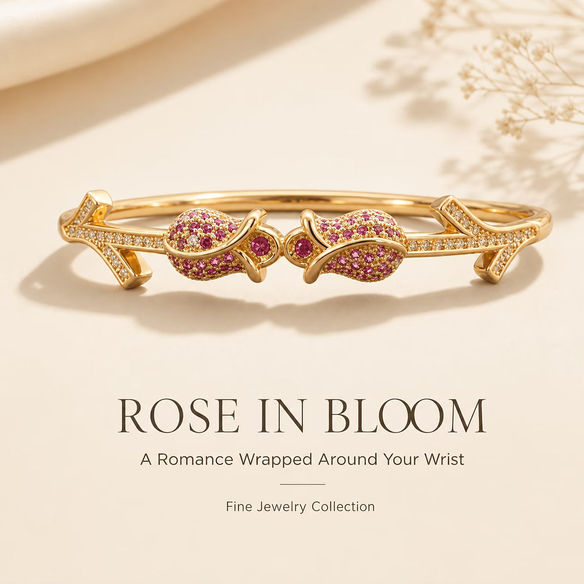 Romantic Pink Zirconia Rose Bud Golden Bracelet