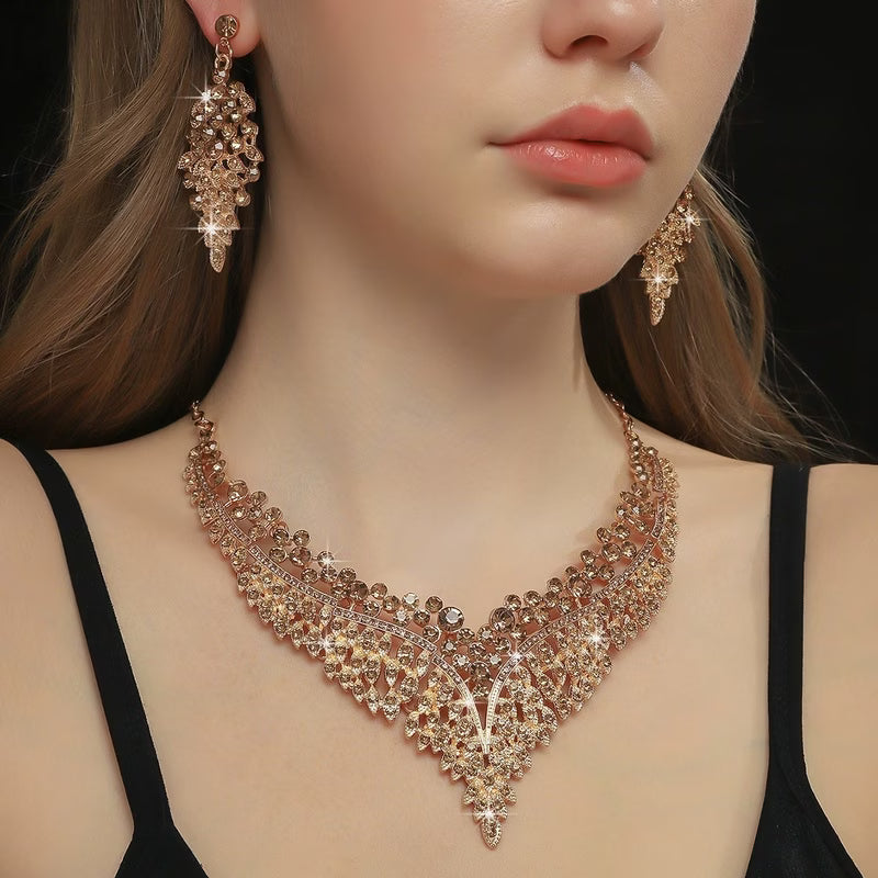 Fuchsia Rhinestone Luxurious V-Shape Statement Jewelry Set