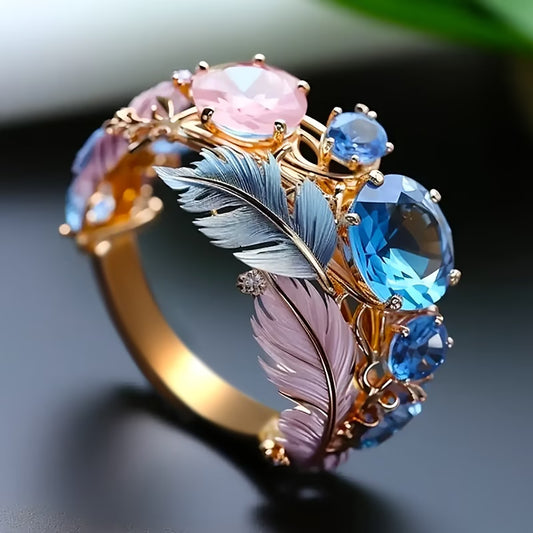 Luxurious Inlay Sea Blue Zirconia Feather Ring