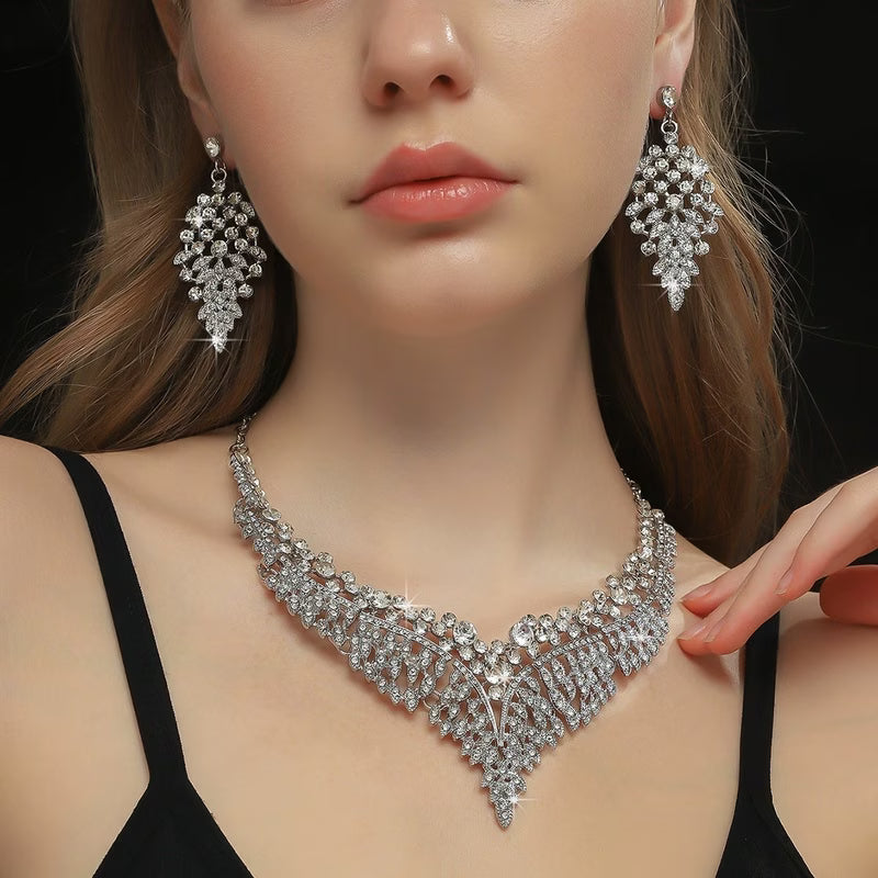 Fuchsia Rhinestone Luxurious V-Shape Statement Jewelry Set