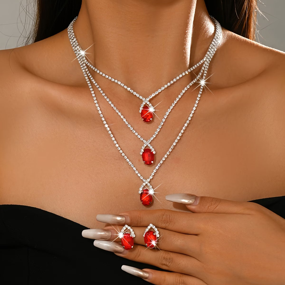 Elegant 3-Tier Blue Gemstone Necklace and Rhinestone Earring Set