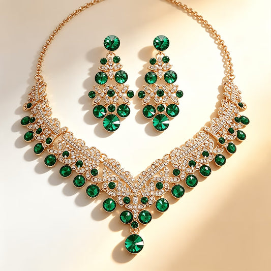 Elegant Colored Rhinestone Necklace & Earring Set