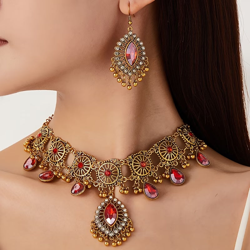 Vintage Tribal Hollow Tassel Necklace & Earrings Jewelry Set