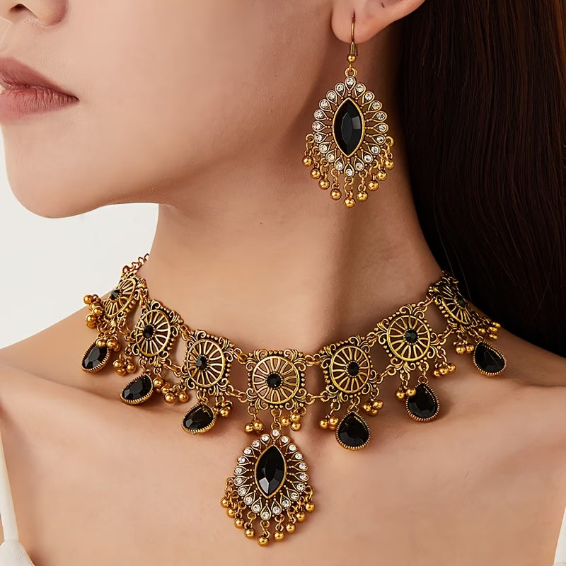 Vintage Tribal Hollow Tassel Necklace & Earrings Jewelry Set