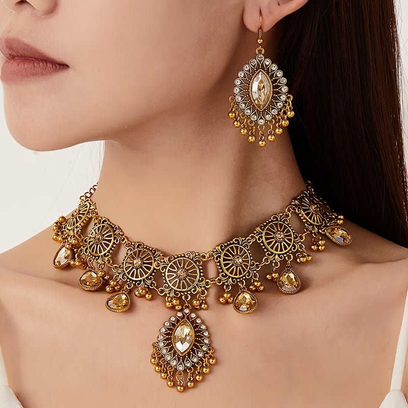 Vintage Tribal Hollow Tassel Necklace & Earrings Jewelry Set