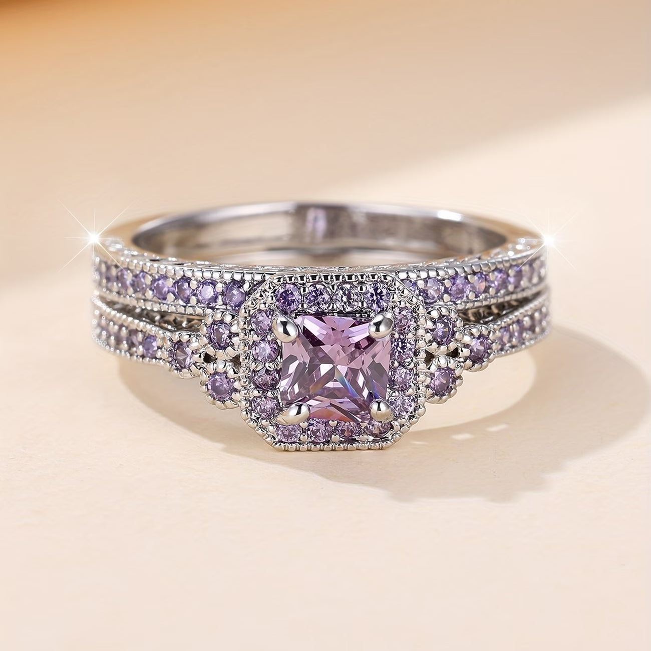 2pcs Elegant White Plated Purple Diamond Ring