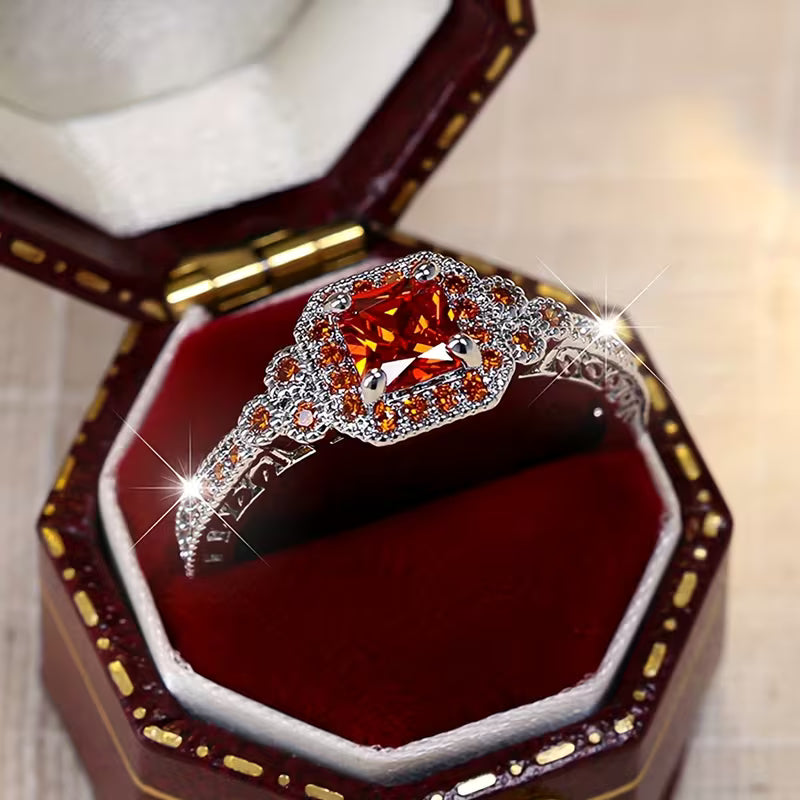 Silvery Color Princess Cut Red Stone Ring