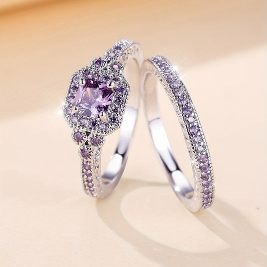 2pcs Elegant White Plated Purple Diamond Ring