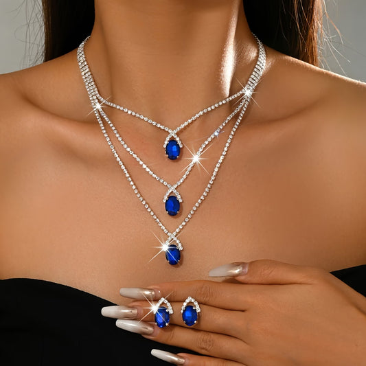 Elegant 3-Tier Blue Gemstone Necklace and Rhinestone Earring Set