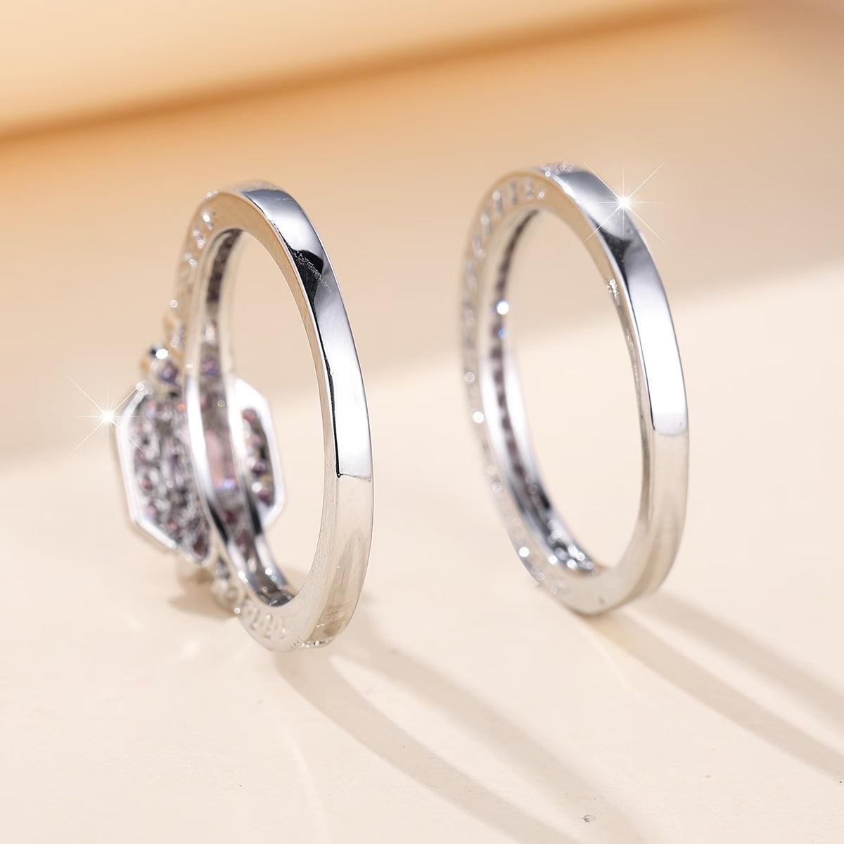 2pcs Elegant White Plated Purple Diamond Ring