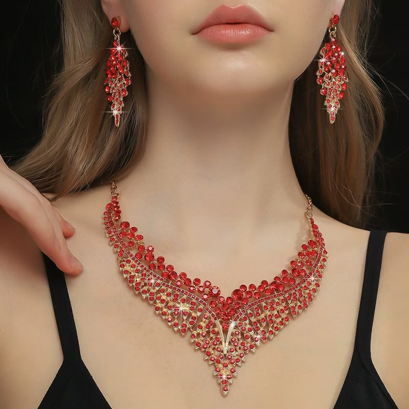 Fuchsia Rhinestone Luxurious V-Shape Statement Jewelry Set