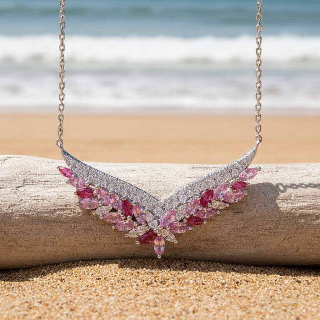 Luxury Pink Synthetic Zirconia Flower Necklace for Women