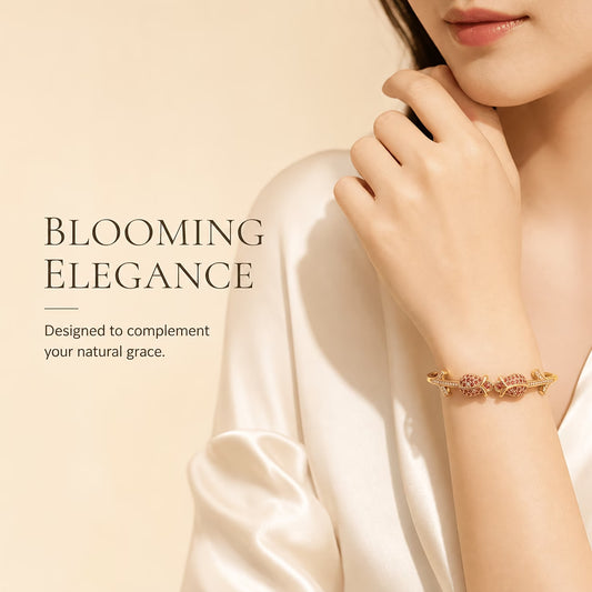 Romantic Pink Zirconia Rose Bud Golden Bracelet