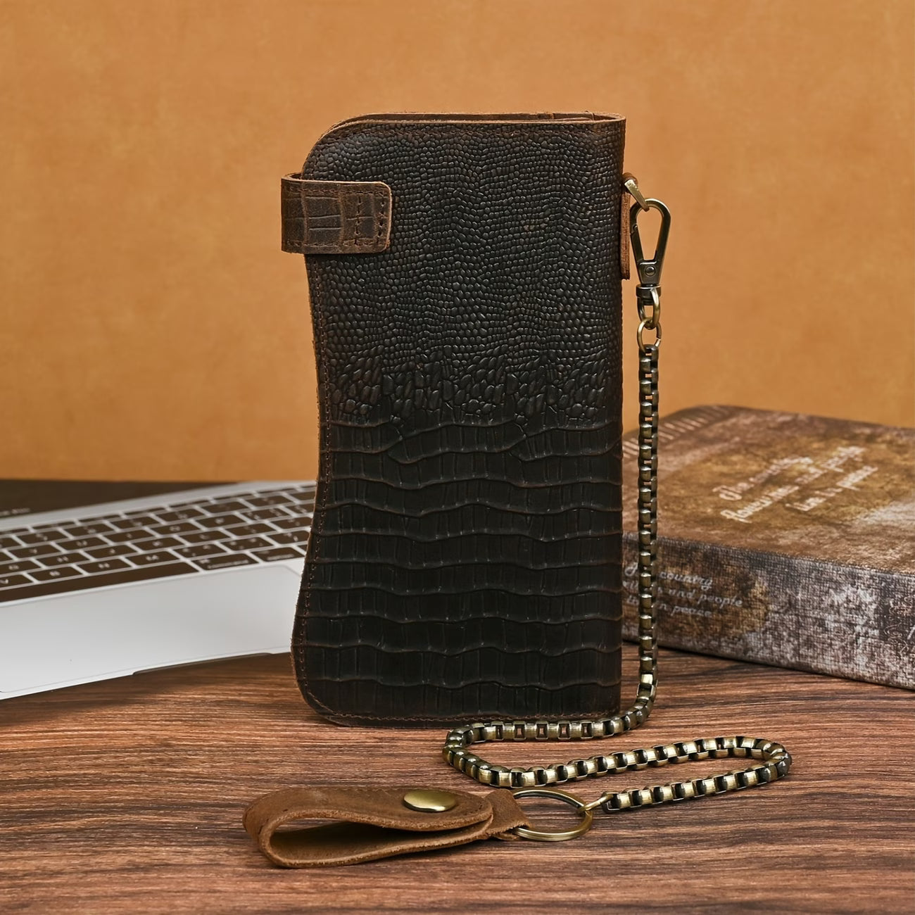 Men’s Genuine Leather Crocodile Pattern Long Wallet with Chain