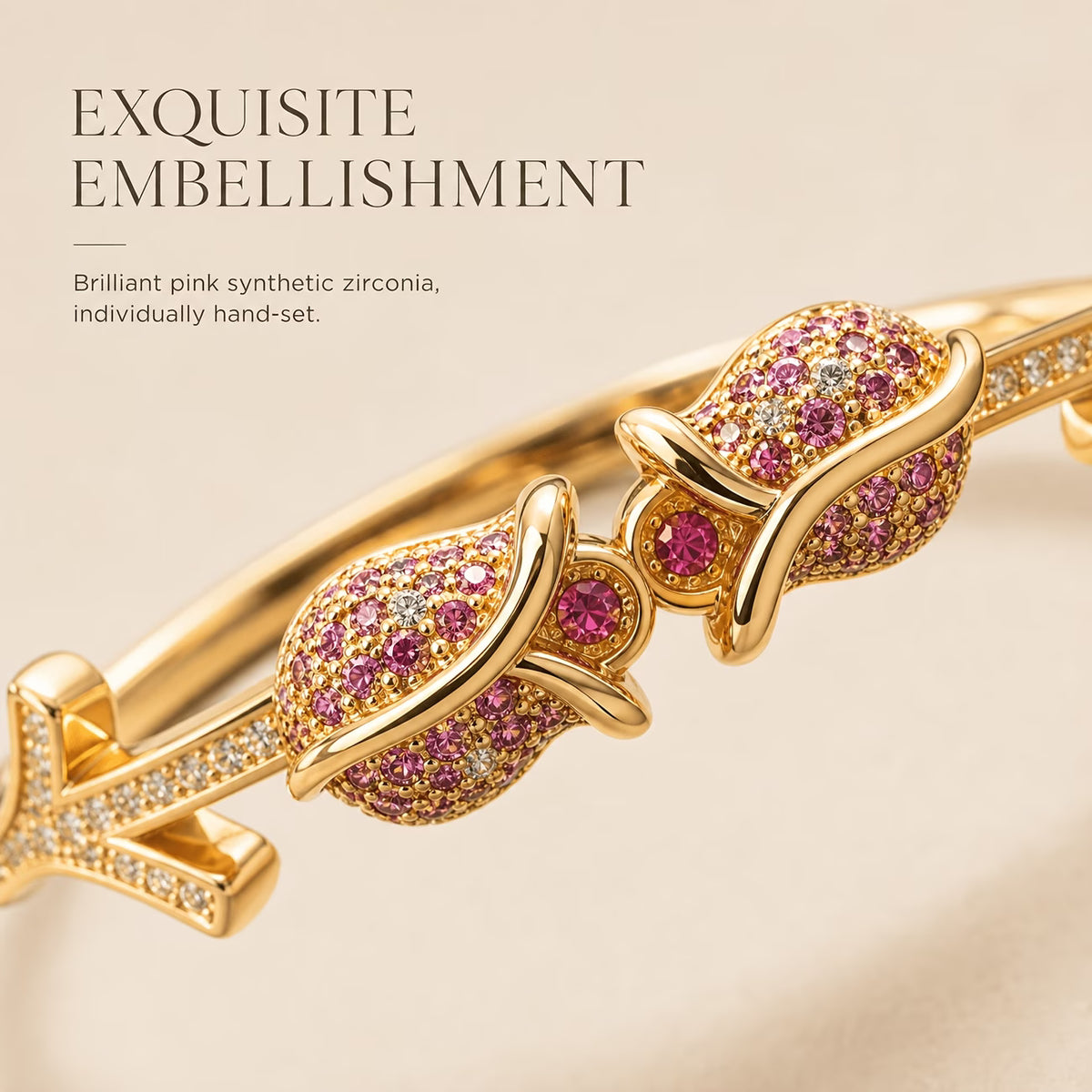Romantic Pink Zirconia Rose Bud Golden Bracelet