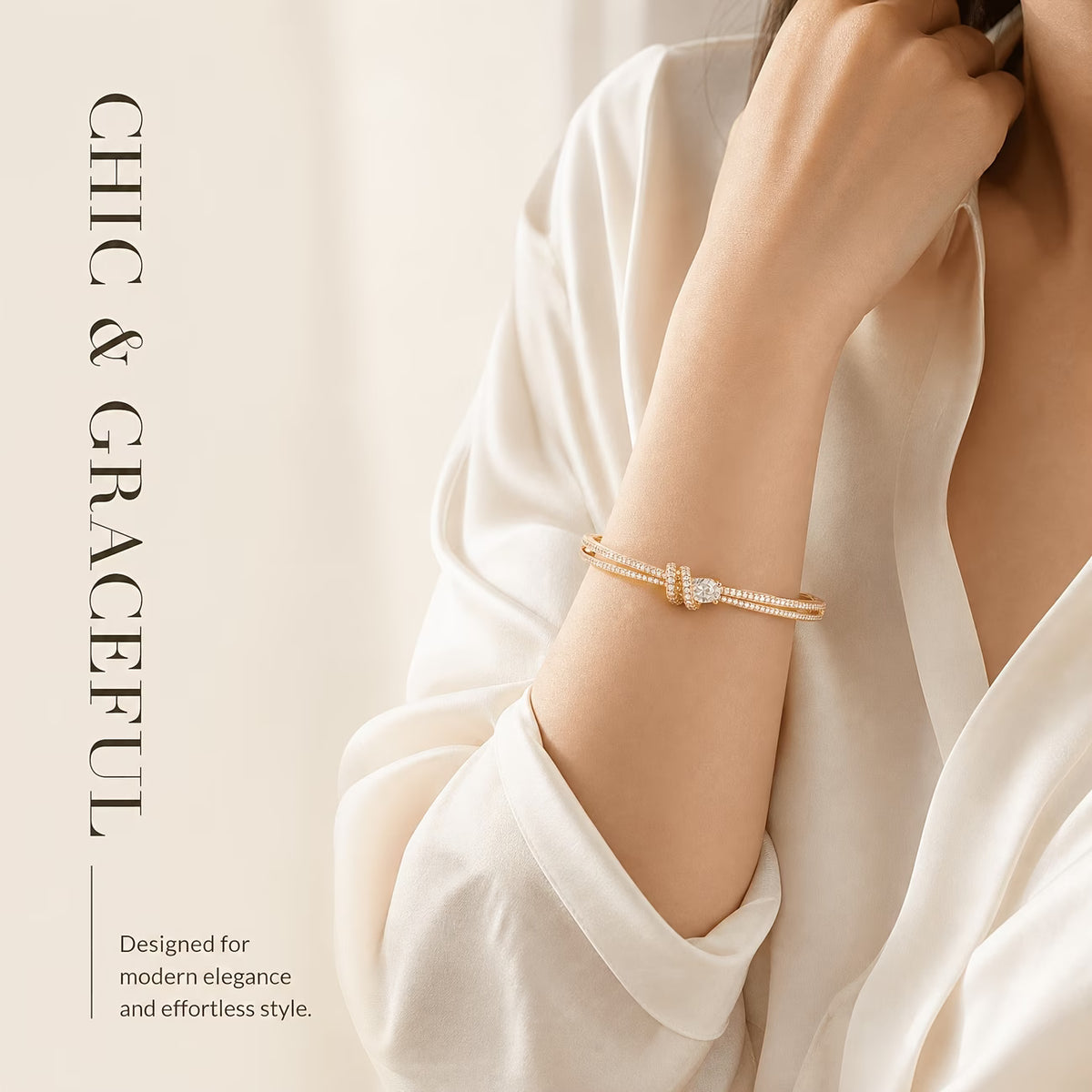 Luxury Double-Layer Golden Zirconia Knot Bangle Bracelet