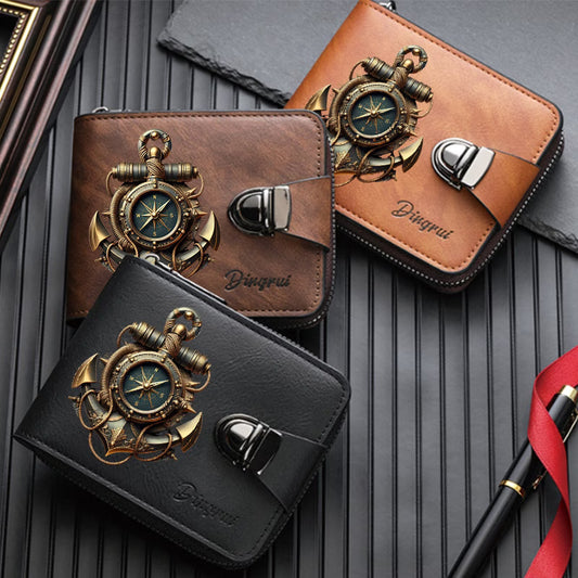 Men’s Retro Anchor Compass Print Wallet – Multi-Card Slots