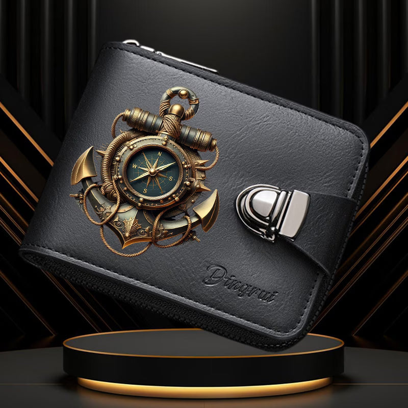 Men’s Retro Anchor Compass Print Wallet – Multi-Card Slots