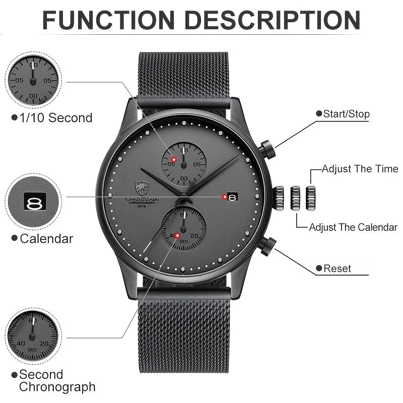CHEETAH Men’s Quartz Chronograph Stainless Steel Mesh Strap Watch