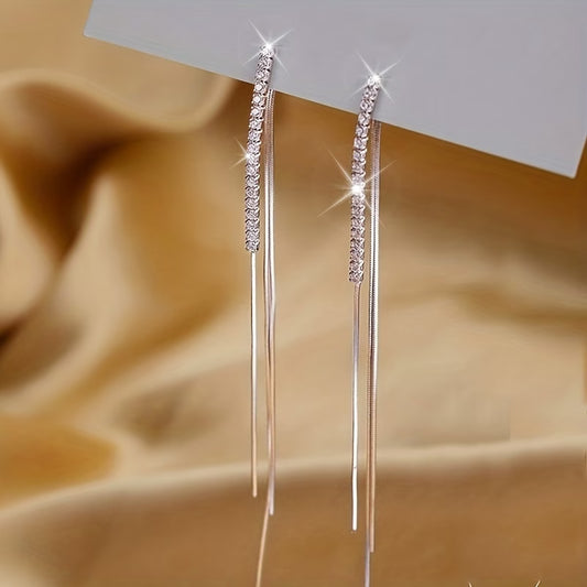 Silver-Plated Rhinestone Tassel Threader Earrings