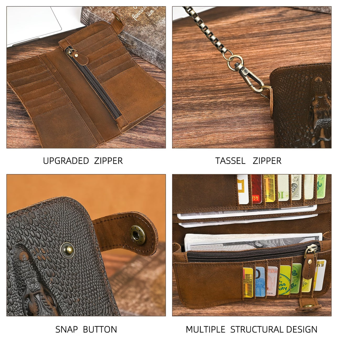 Men’s Genuine Leather Crocodile Pattern Long Wallet with Chain