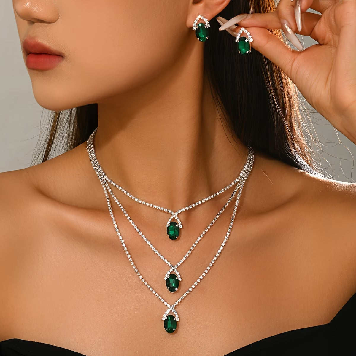 Elegant 3-Tier Blue Gemstone Necklace and Rhinestone Earring Set